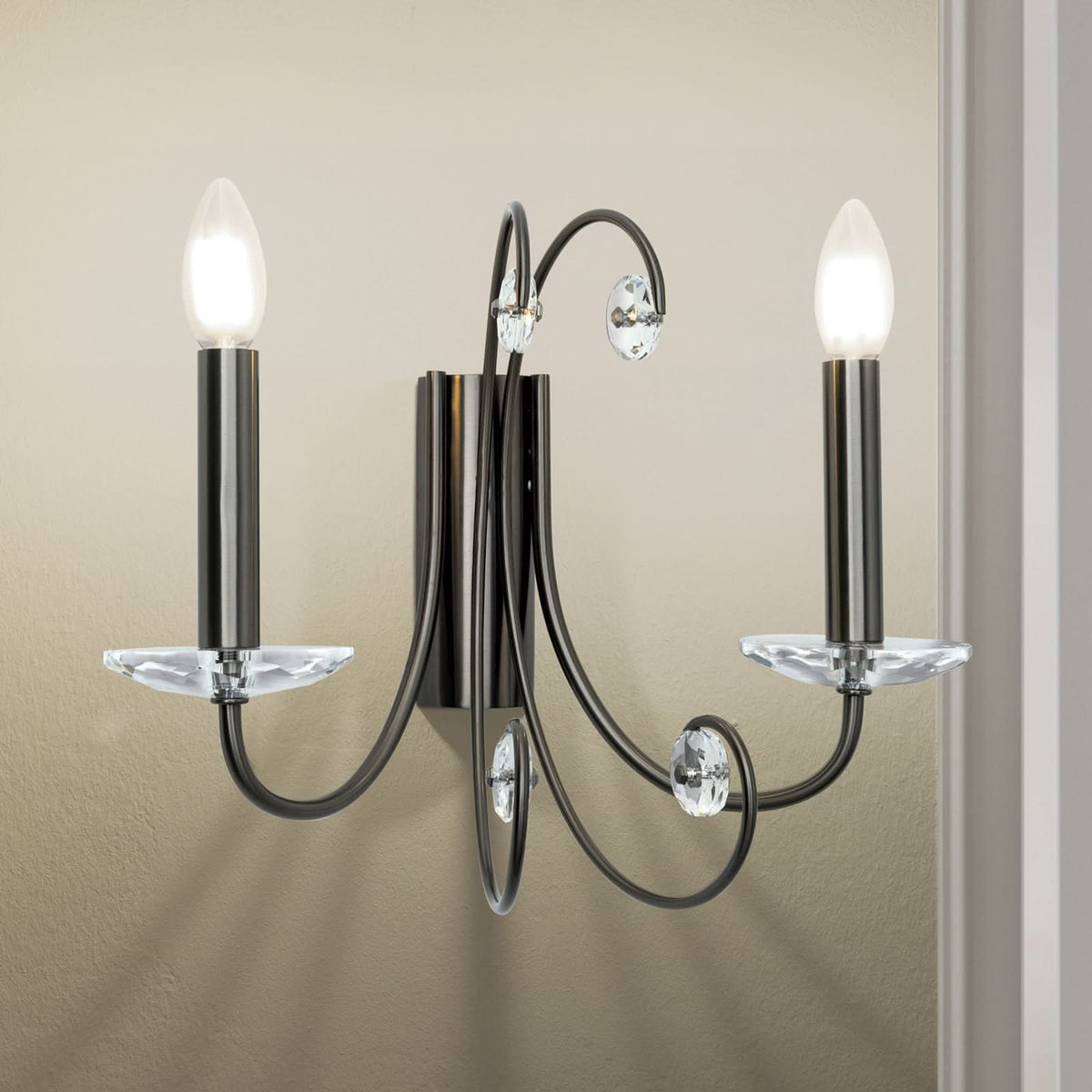 Applique murale Ariane en cristal, nickel et transparent, 2 lumières, hauteur 29 cm