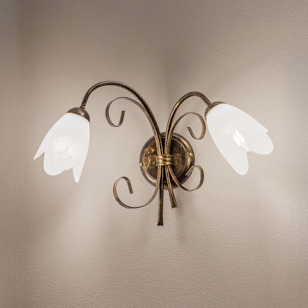 Applique murale Odino en verre, bronze et blanc satiné, 2 lumières, hauteur 30 cm