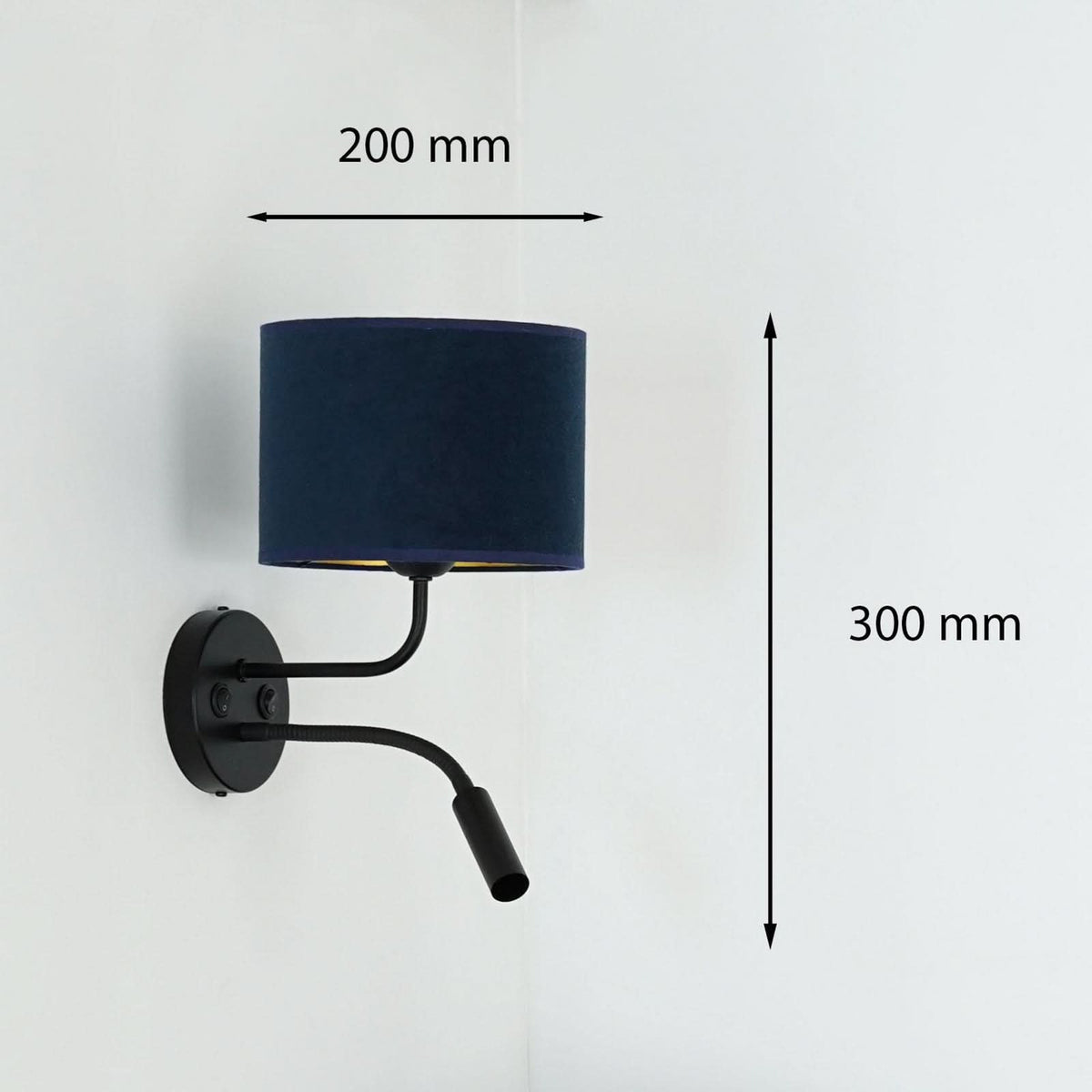 Applique murale Roller en velours, noir et bleu foncé, 2 lumières, hauteur 30 cm