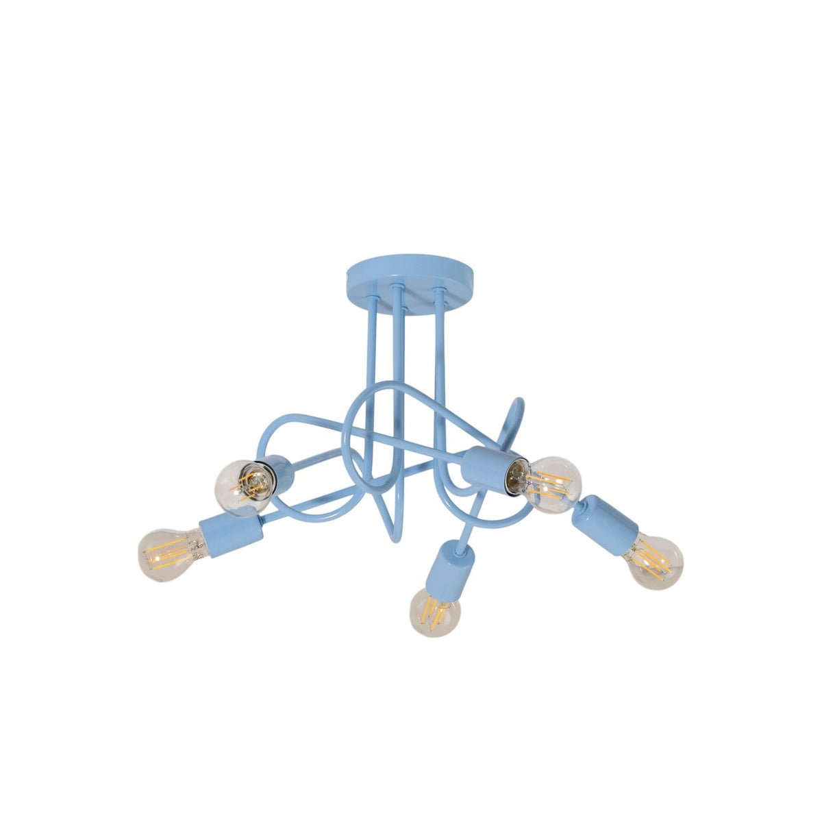 Produit isolé sur fond blanc, plafonnier bleu clair à cinq bras tubulaires.