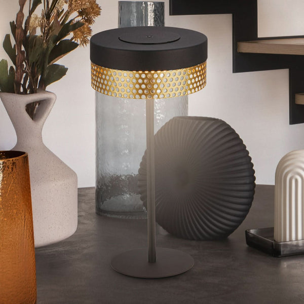 Lampe à poser d'extérieur LED rechargeable Booha en métal, noir et doré, Ø 16 cm, IP44