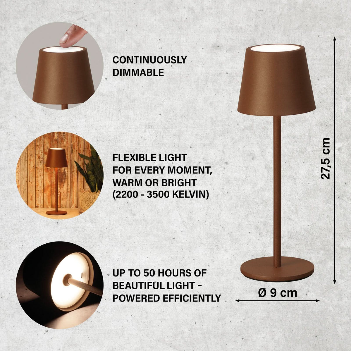 Lampe à poser d'extérieur LED rechargeable Roxi en métal, rouille, Ø 9 cm, IP54