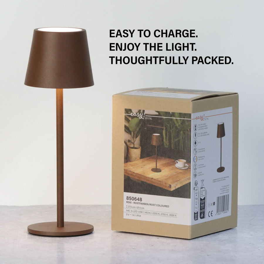 Lampe à poser d'extérieur LED rechargeable Roxi en métal, rouille, Ø 9 cm, IP54