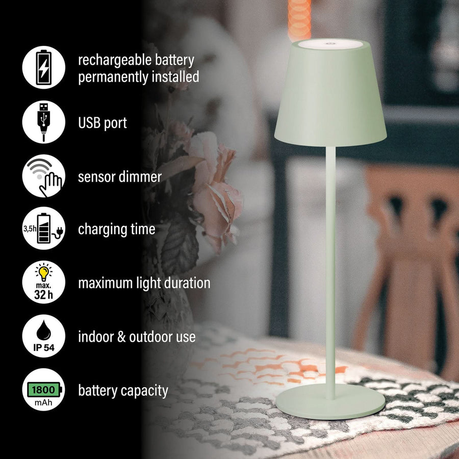 Lampe à poser d'extérieur LED rechargeable Viletto en métal, vert, Ø 11 cm, IP54