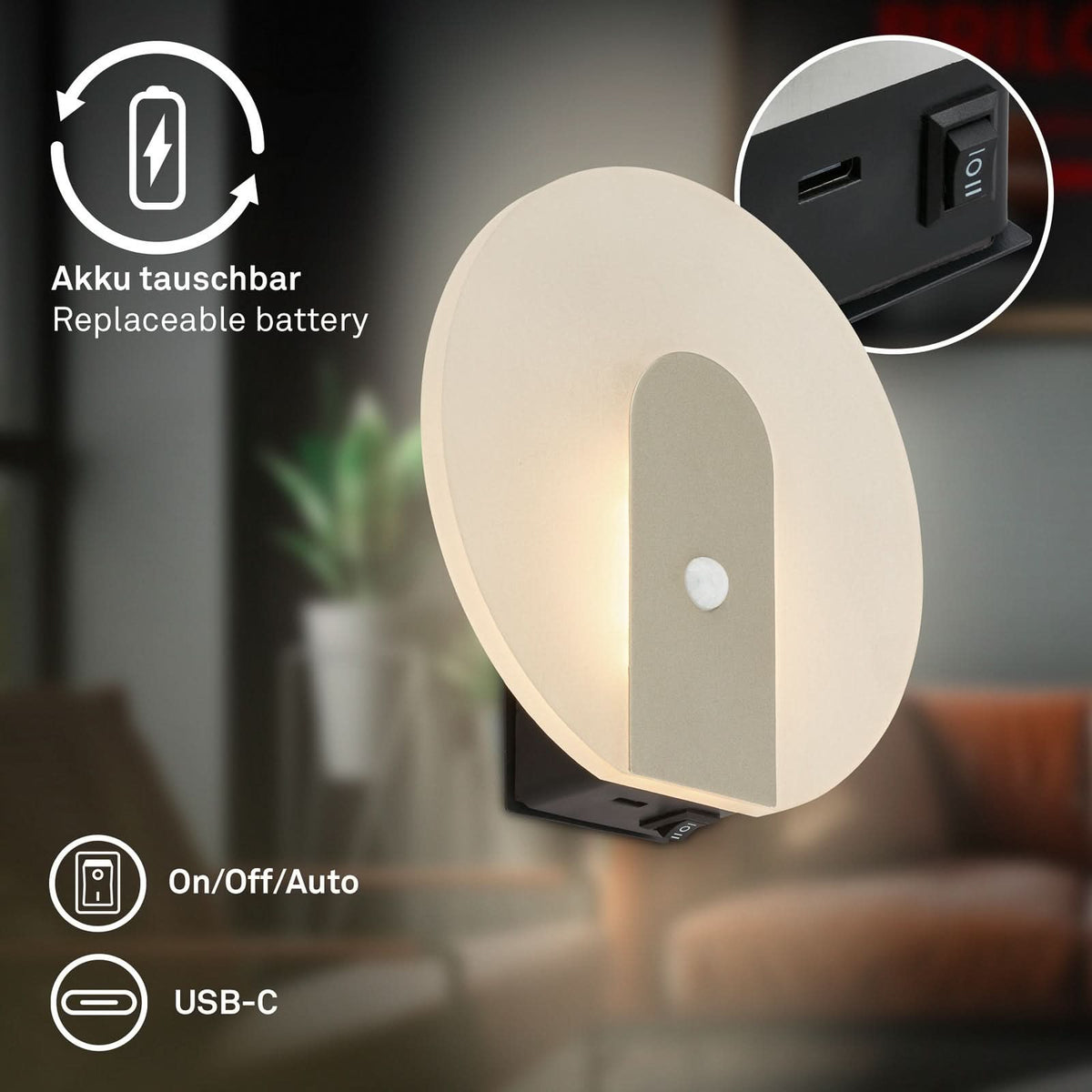 Applique murale LED rechargeable Taro en métal, doré, Ø 15 cm