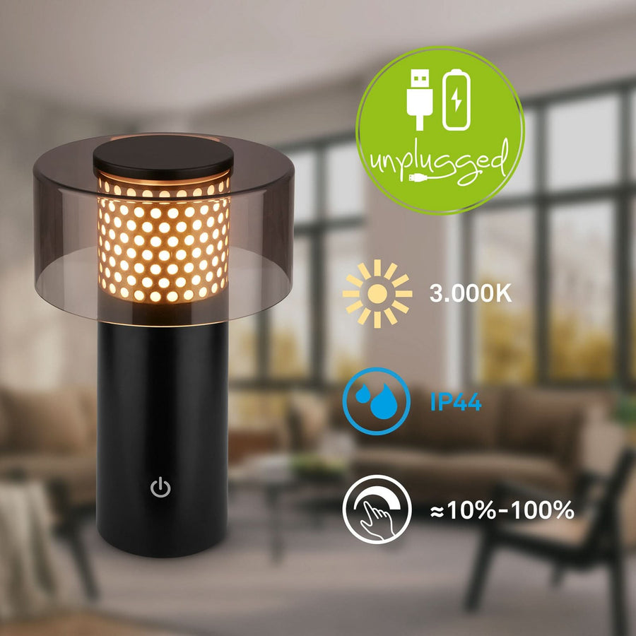 Lampe à poser d'extérieur LED rechargeable Brilo en métal, noir et doré, Ø 13 cm, IP44