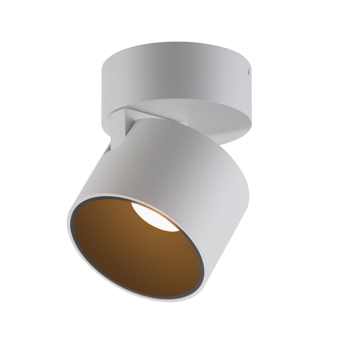 Spot LED blanc orientable vu de trois quarts, intérieur doré et source allumée.