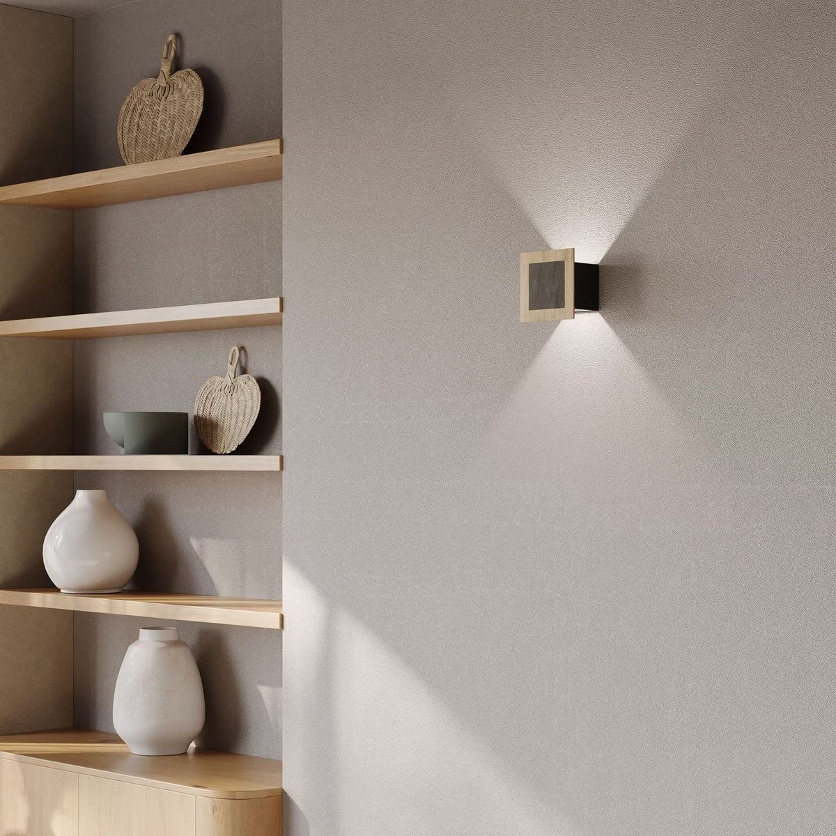 Applique murale LED Chile S en bois, chêne et gris, 2 lumières, hauteur 15 cm, IP44