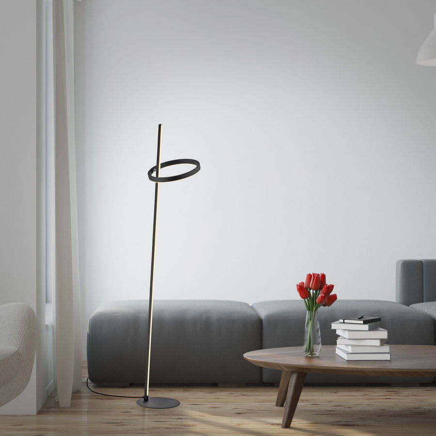 Lampadaire noir près de la fenêtre, canapé modulaire et tulipes rouges.