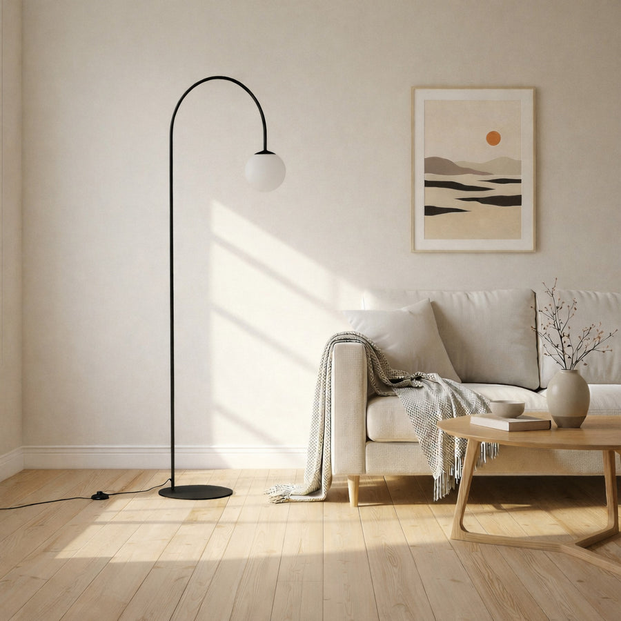 Lampadaire Nova en verre, noir et blanc satiné, hauteur 155 cm