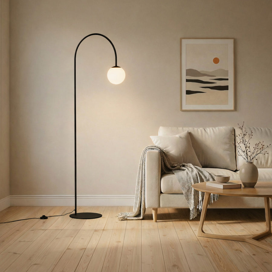 Lampadaire Nova en verre, noir et blanc satiné, hauteur 155 cm