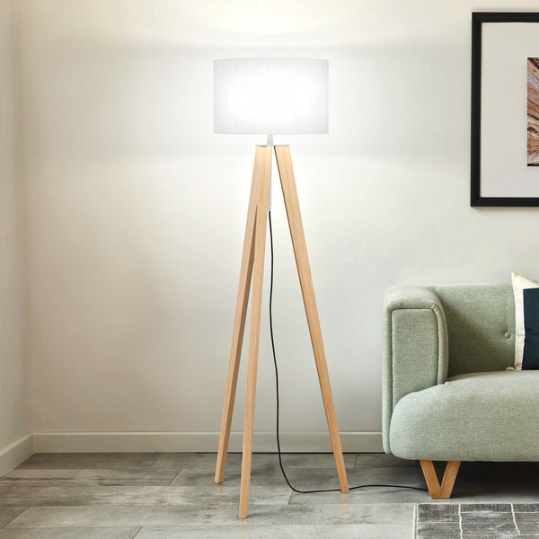 Lampadaire Shine-wood en chêne, blanc, 3 lumières, hauteur 164 cm