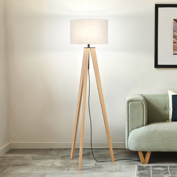 Lampadaire Shine-wood en chêne, crème, 3 lumières, hauteur 164 cm
