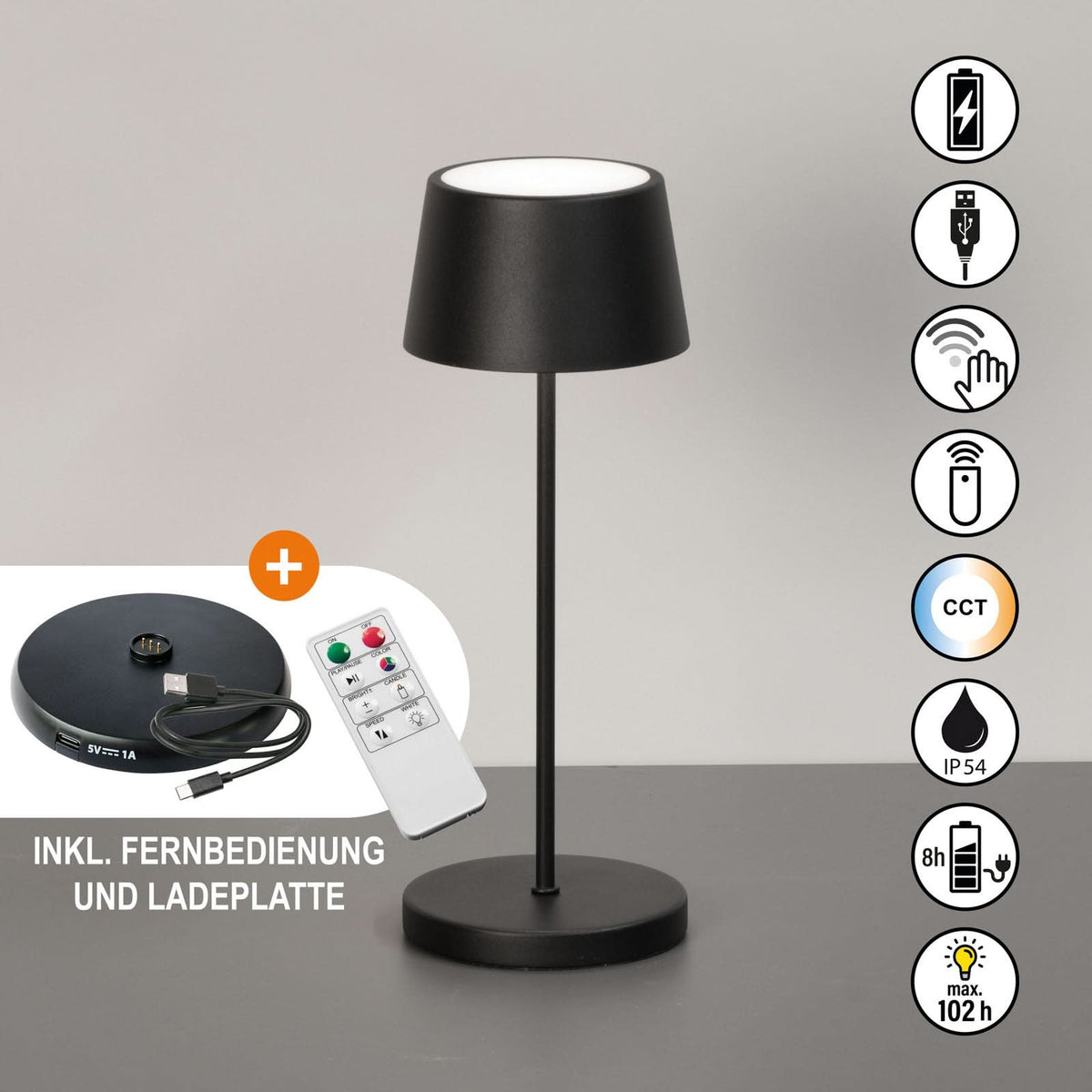 Lampe à poser d'extérieur LED rechargeable Asena Pro en métal, noir, Ø 11 cm, IP54