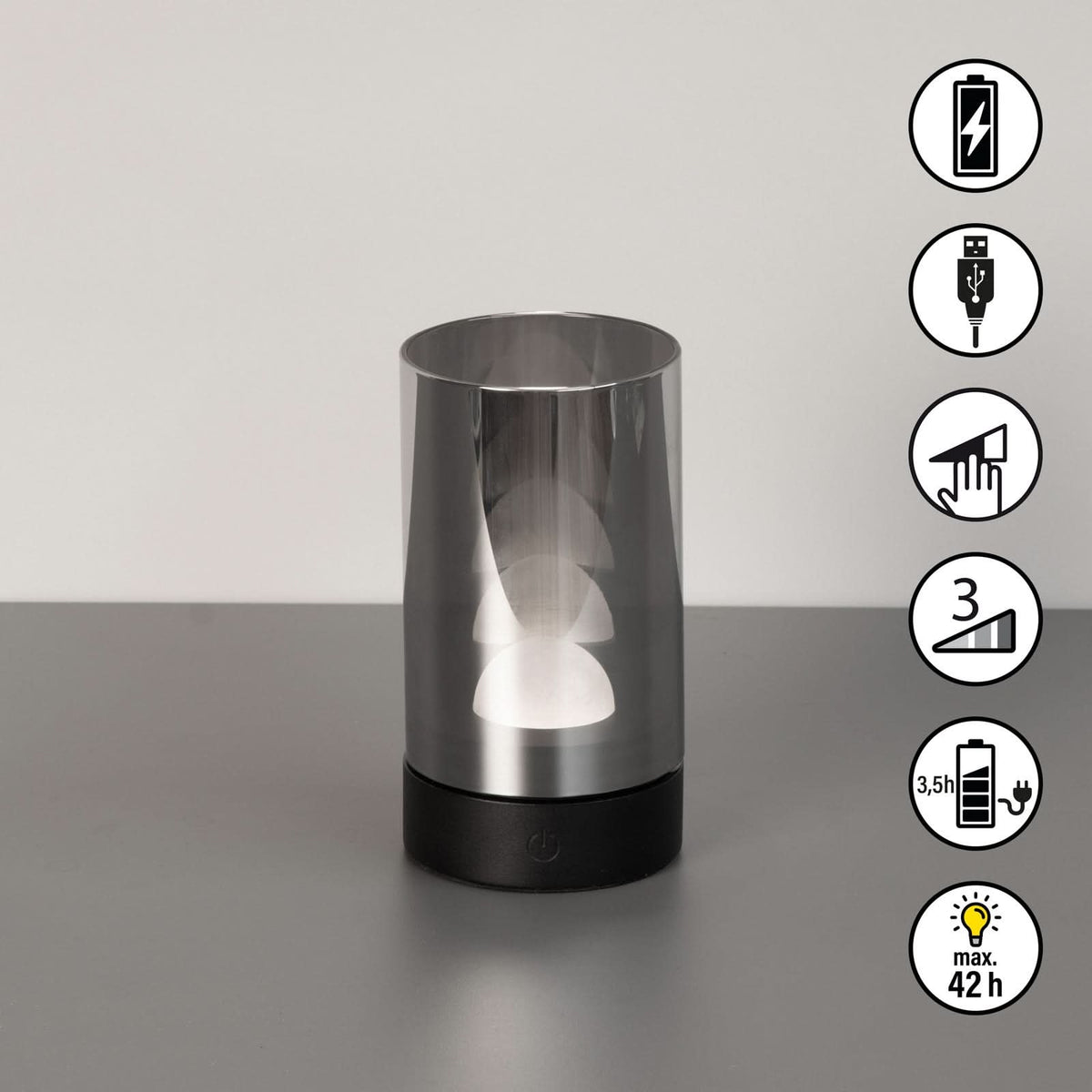 Lampe à poser d'extérieur LED rechargeable Fenya en verre, gris fumée et noir, Ø 8 cm, IP54