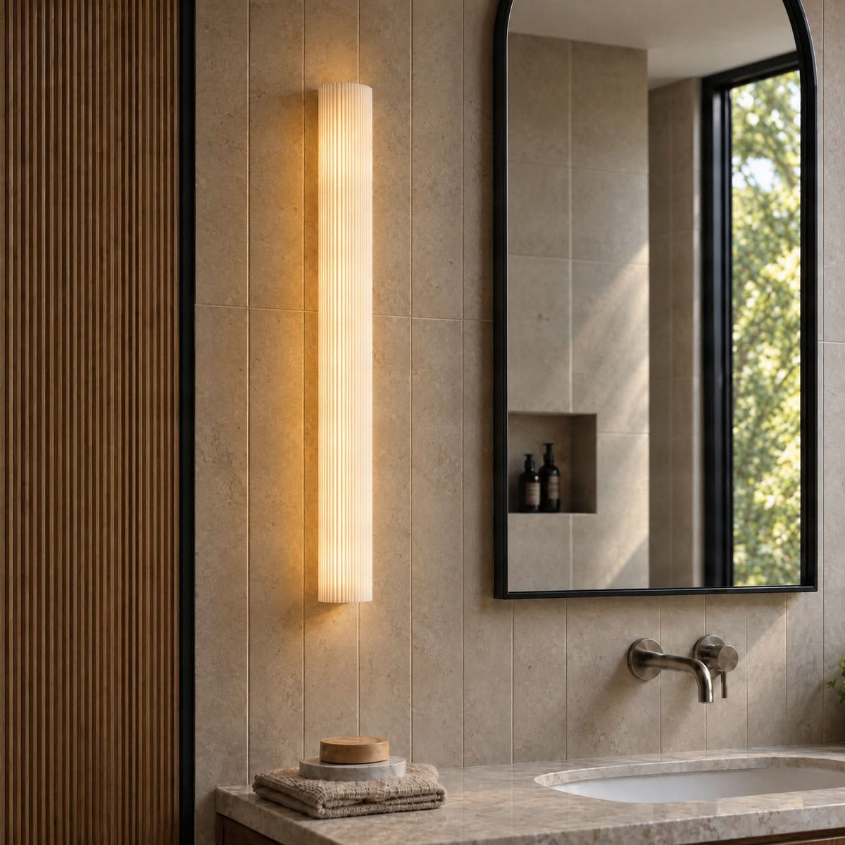 Applique murale LED Victoire en verre, blanc, hauteur 70 cm, IP44