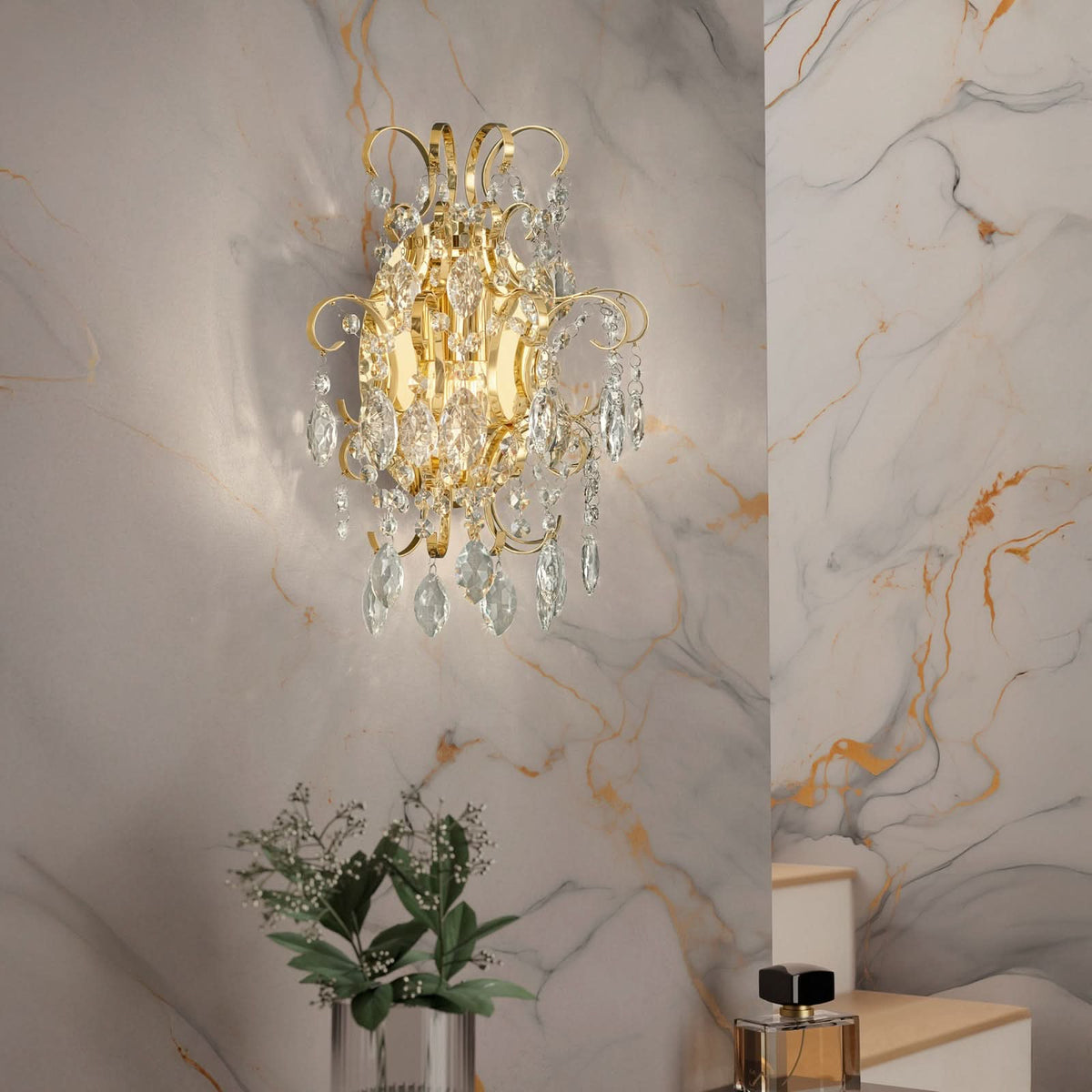 Applique murale Fenoullet en verre, laiton et transparent, hauteur 37 cm