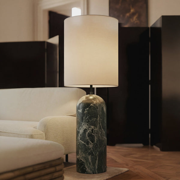 Lampadaire Gravity XL High en tissu, vert foncé marbré et blanc, 3 lumières, hauteur 135 cm