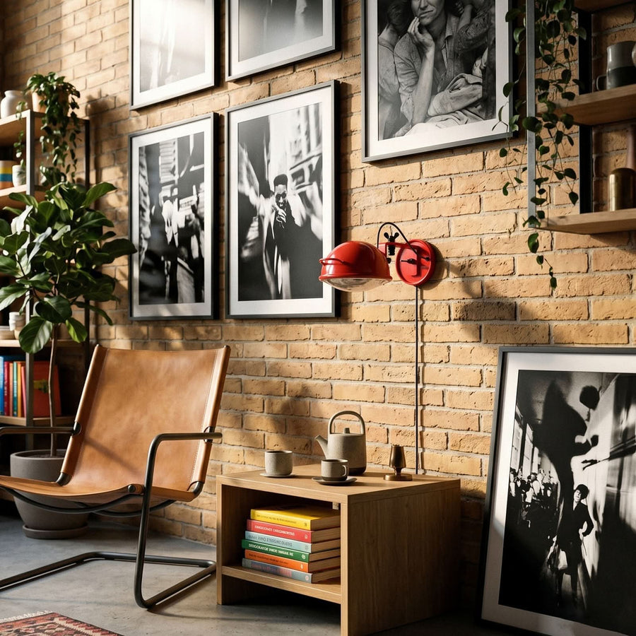 Ambiance intérieure en briques avec applique rouge entre photos encadrées et fauteuil cuir.
