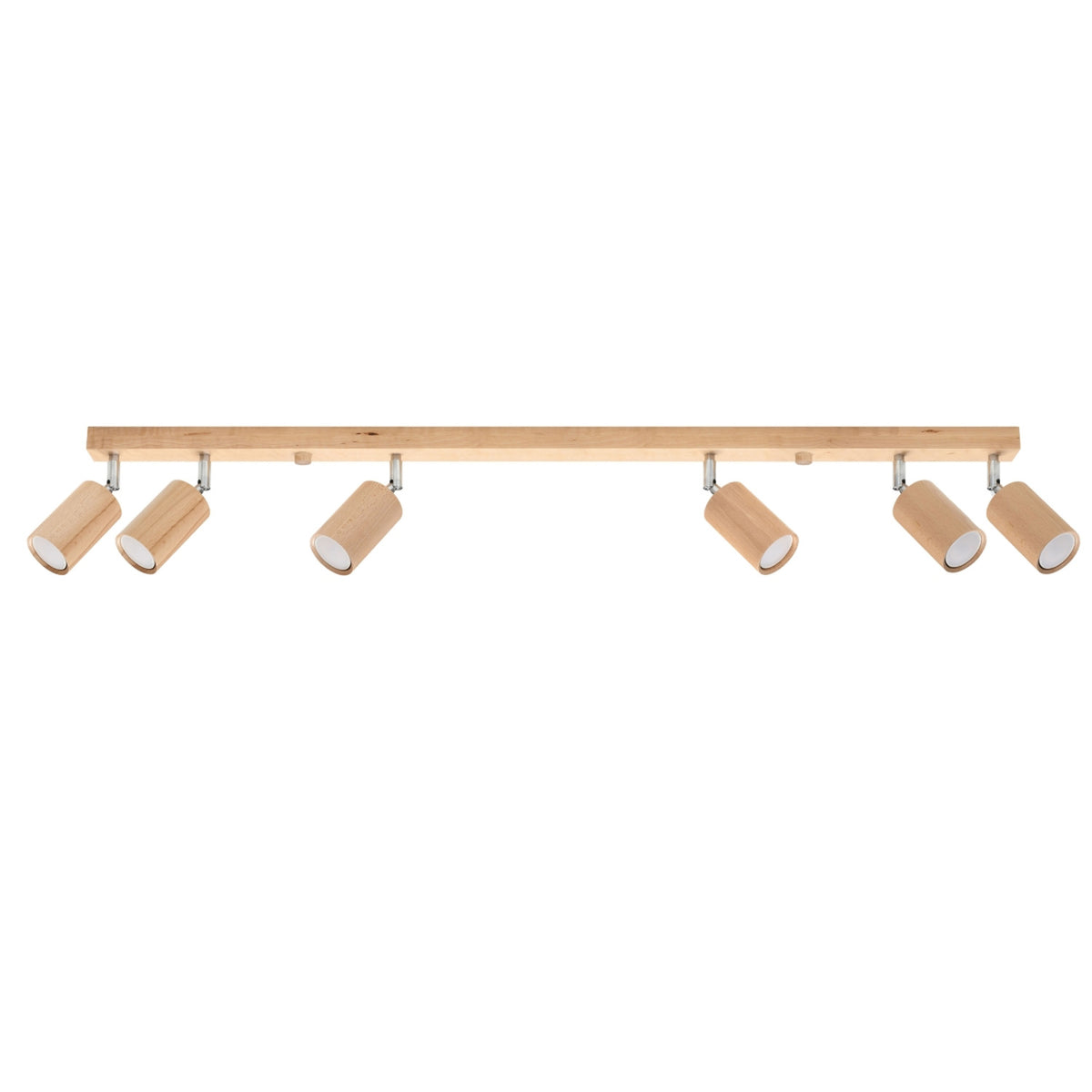Vue de face du plafonnier en bois clair avec six spots cylindriques orientables.
