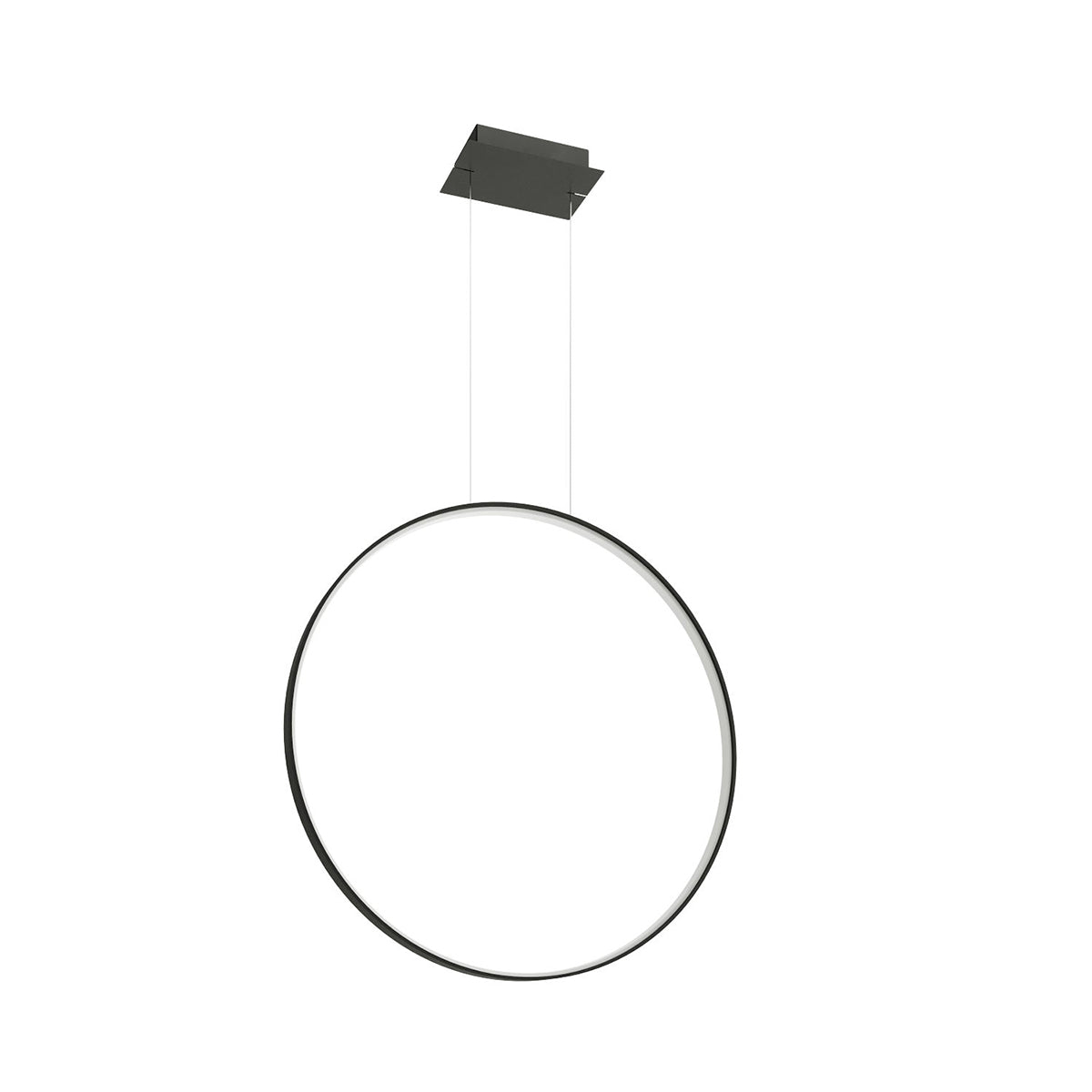 Vue de face de la suspension annulaire noire sur fond blanc, câbles et fixation visibles