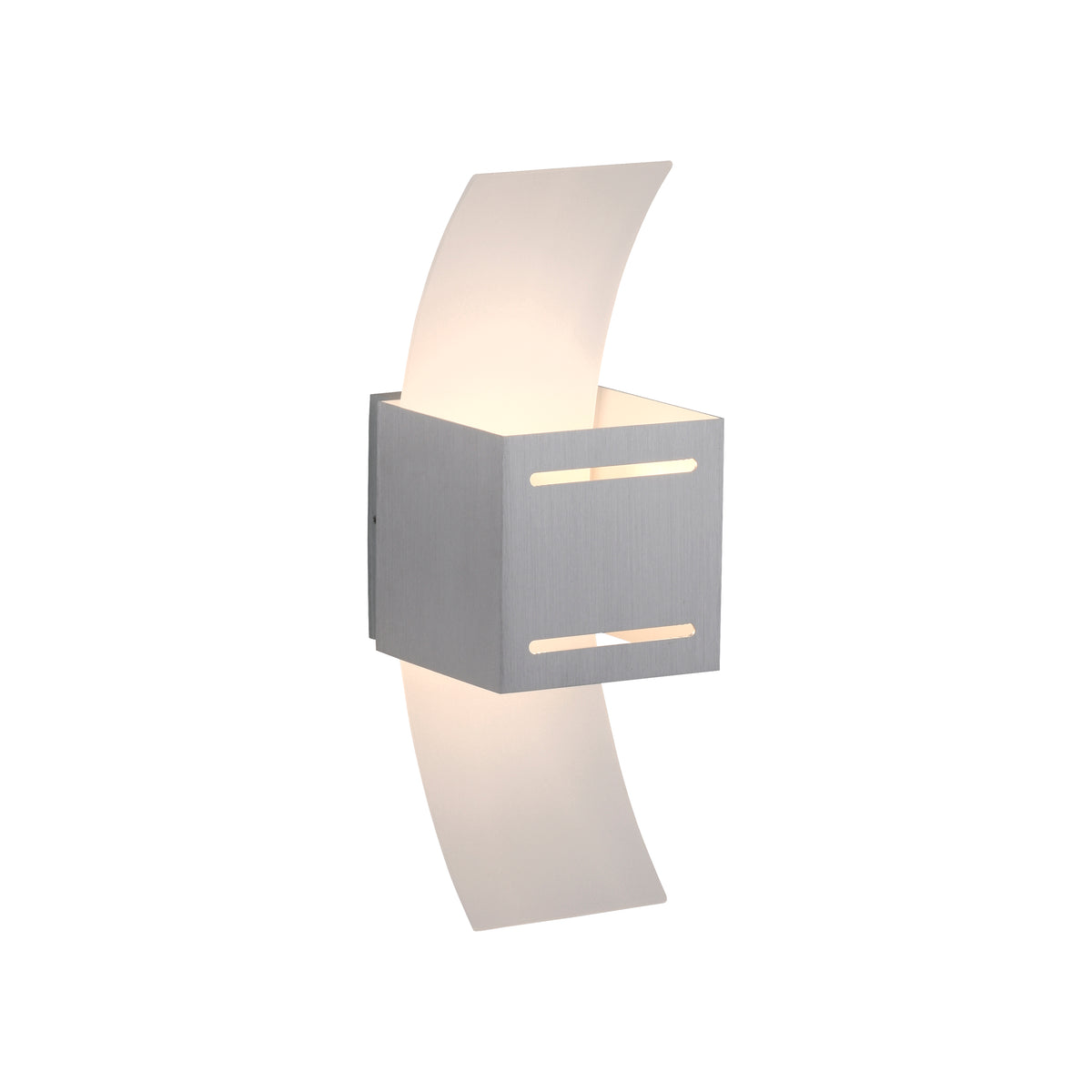 Même applique présentée de face sur fond blanc, corps cubique et ruban lumineux