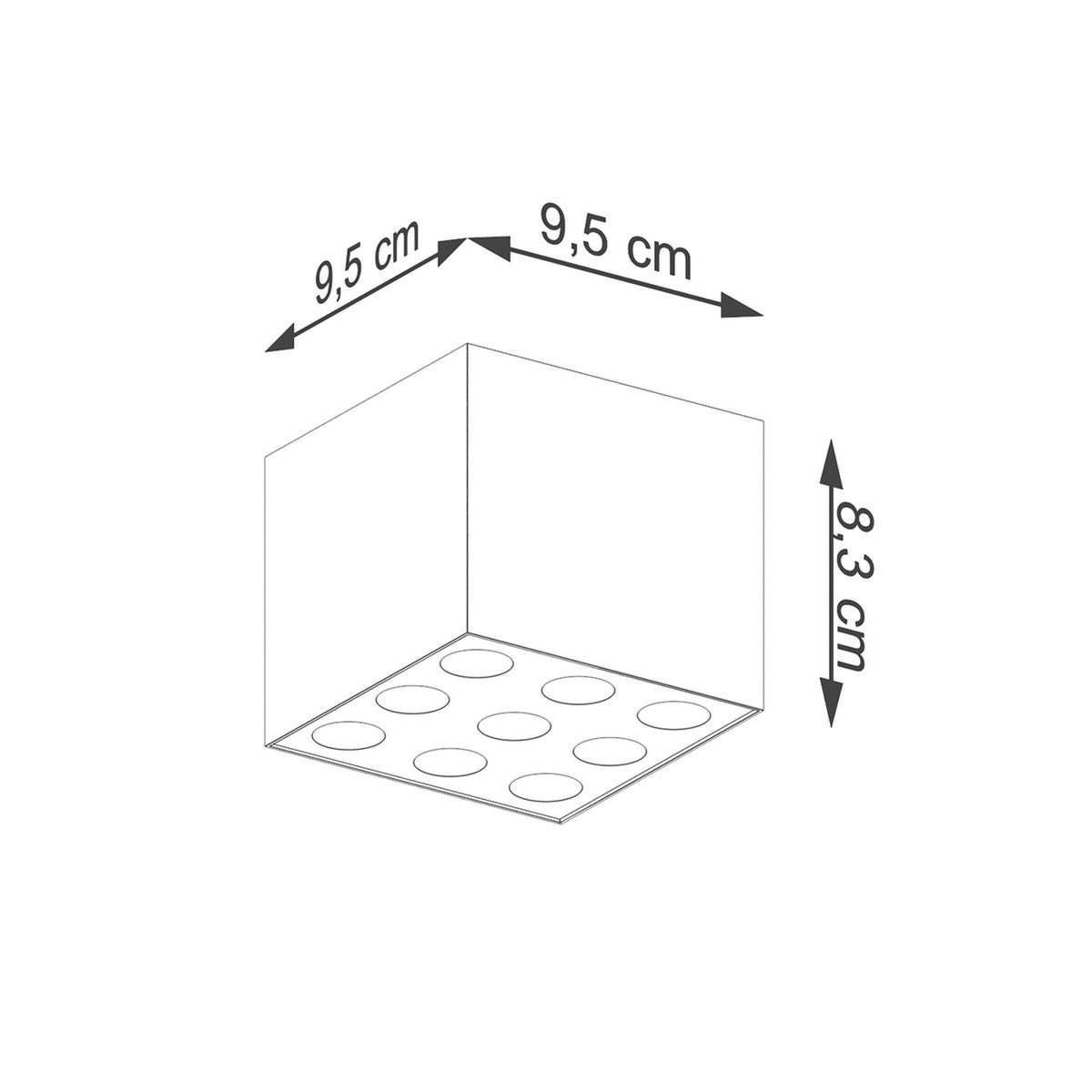 Schéma coté du cube : 9,5 cm de côté et 8,3 cm de hauteur