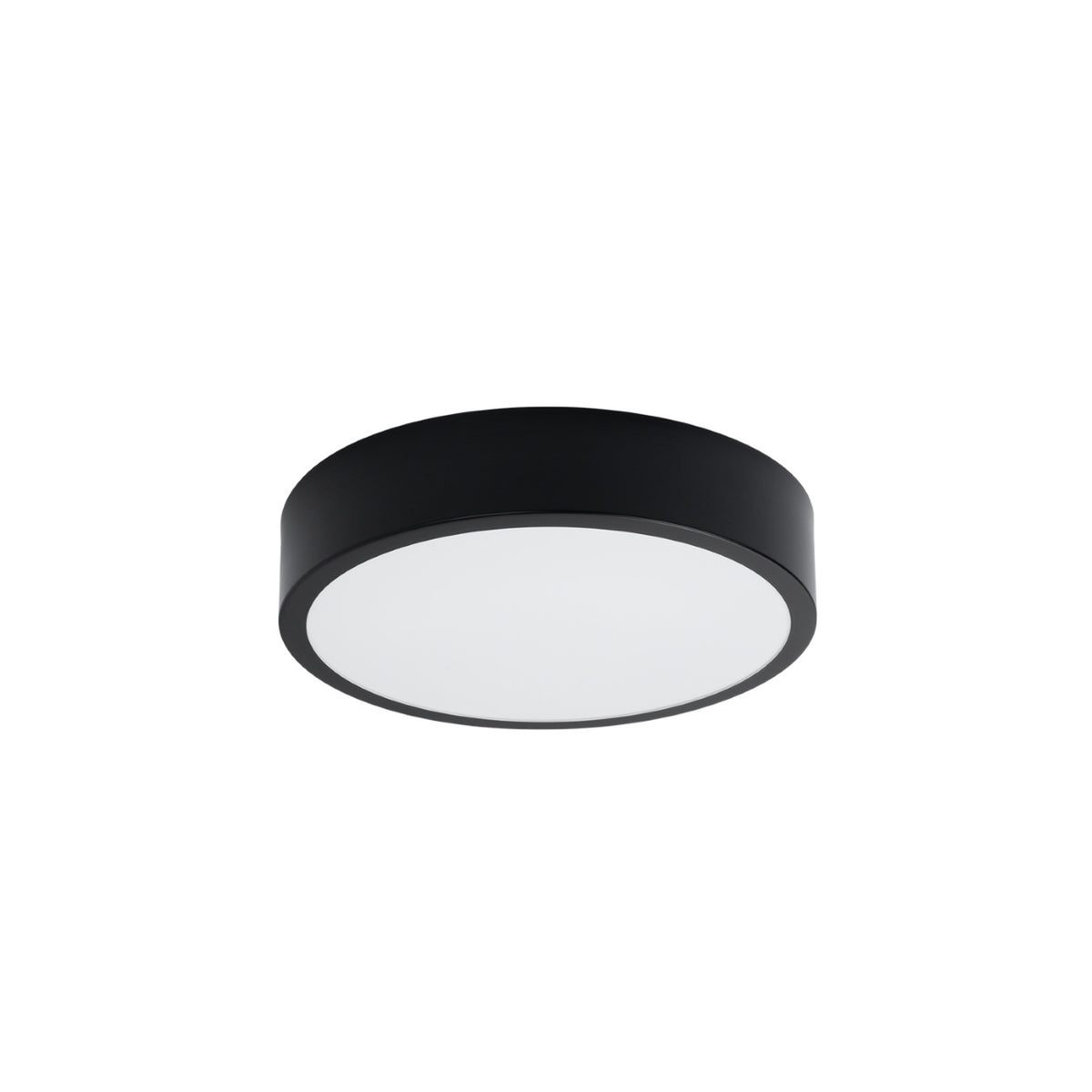 Vue de face du plafonnier rond noir au diffuseur blanc sur fond neutre