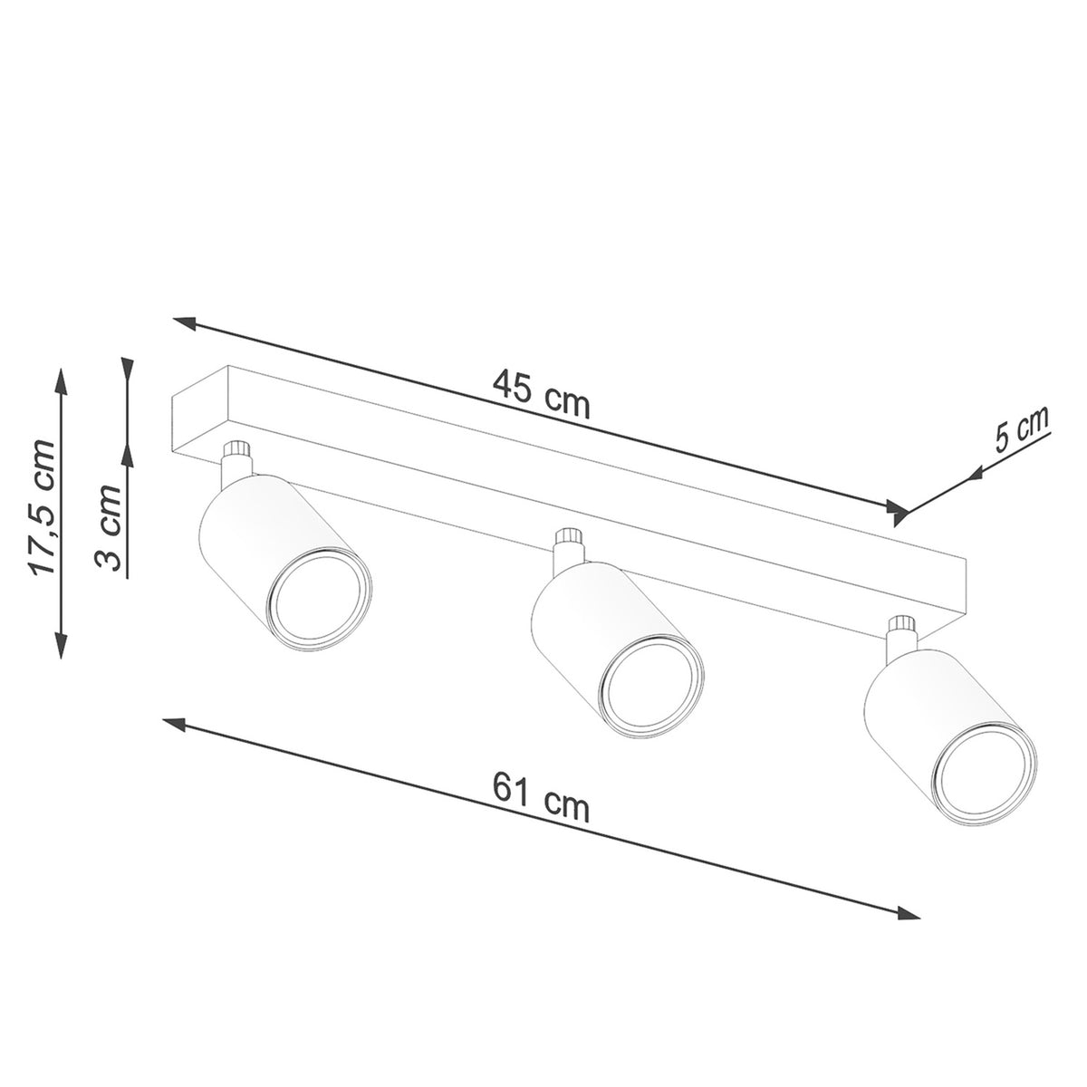 Schéma coté : base de 45 cm, longueur totale 61 cm et hauteur 17,5 cm.