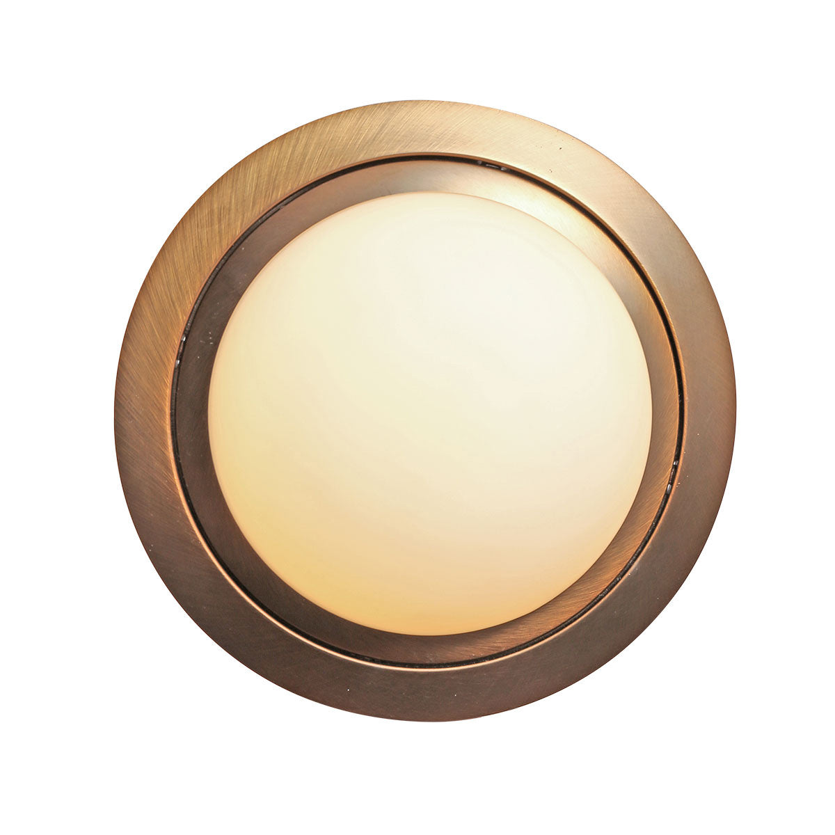 Vue de dessous du plafonnier, anneau bronze et diffuseur crème allumé