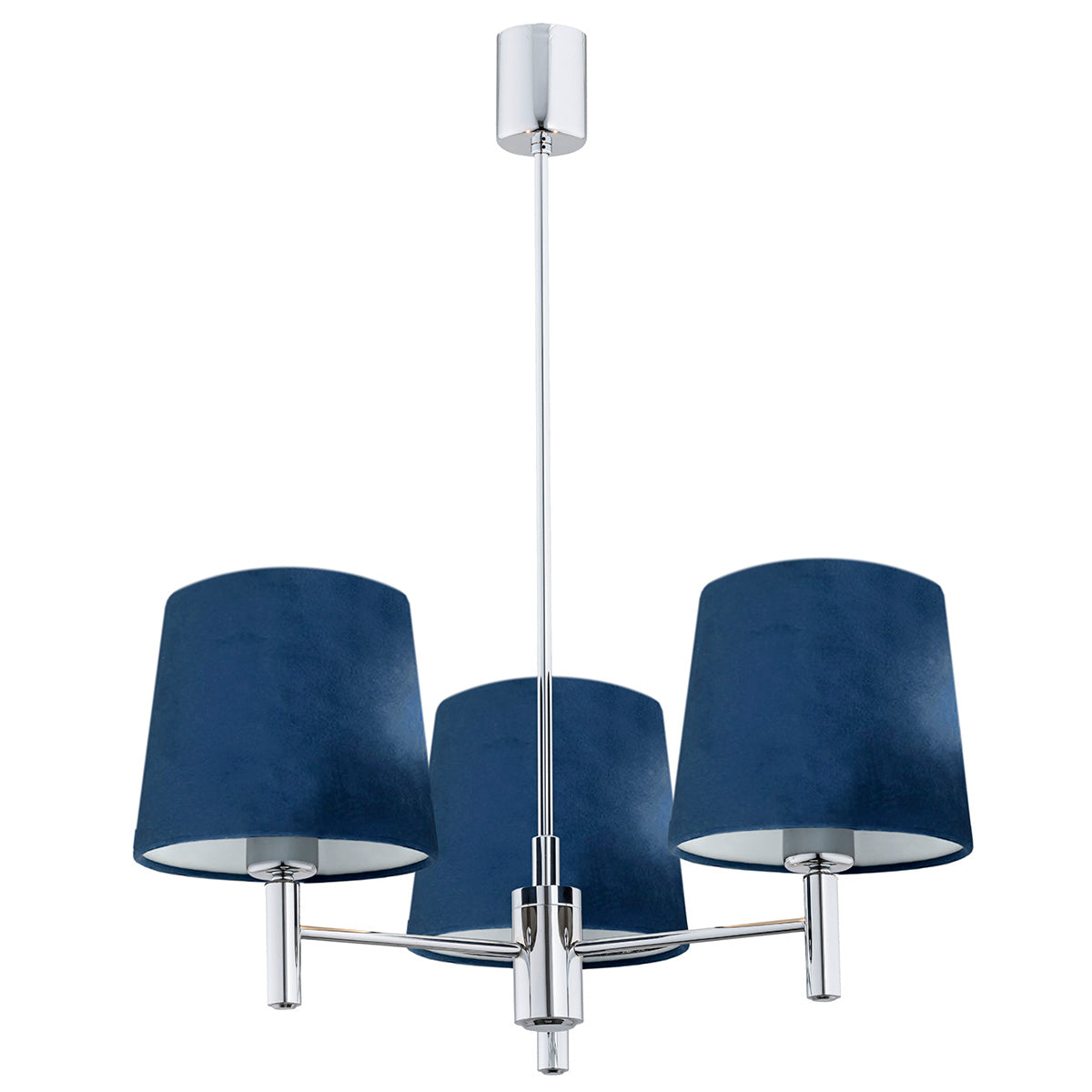 Version abat-jours bleu foncé du lustre, trois bras chromés et douilles visibles