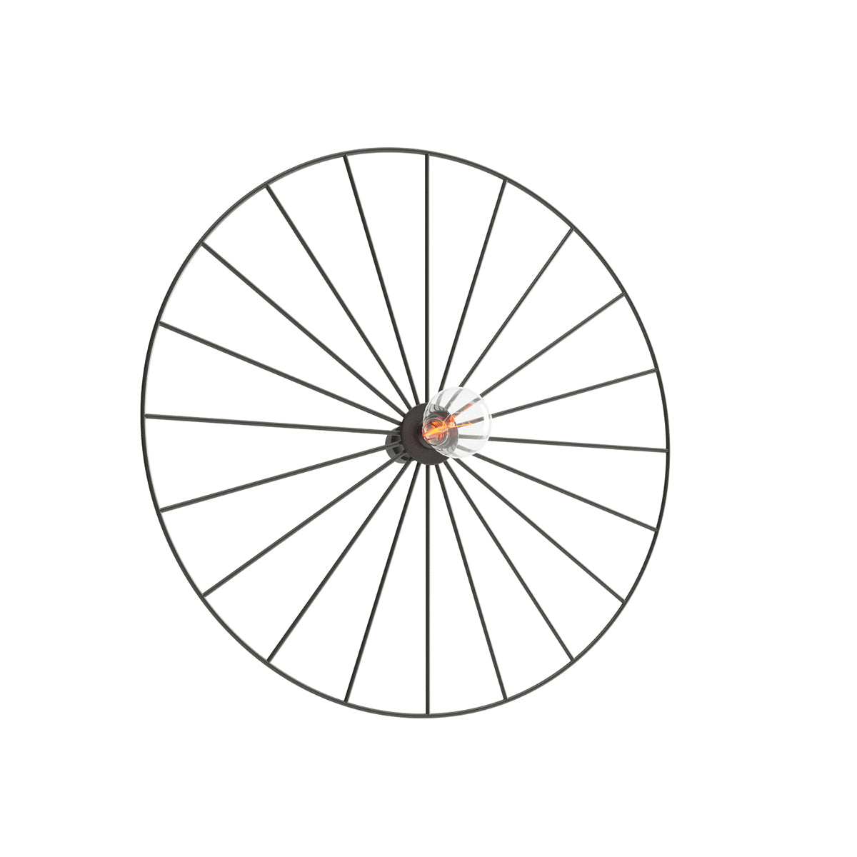 Vue de face du luminaire rond noir avec rayons métalliques et ampoule centrale