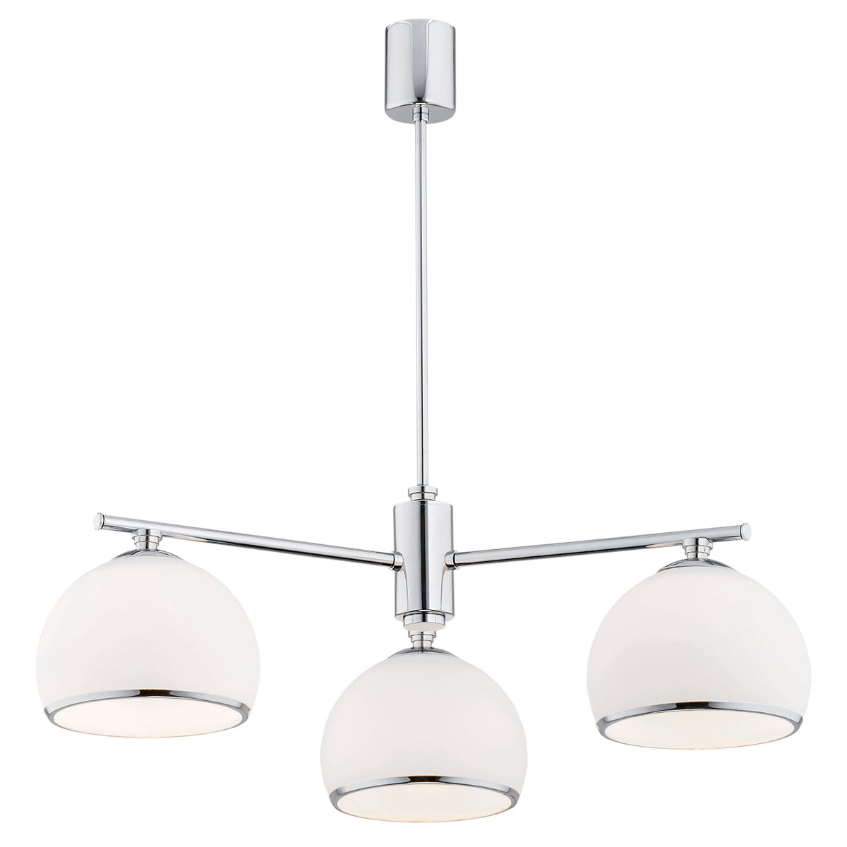 Luminaire suspendu chromé à trois bras, abat-jours blancs en dôme.