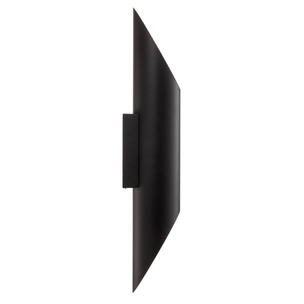 Profil latéral de l'applique murale noire sur fond blanc, fixée sur un support.