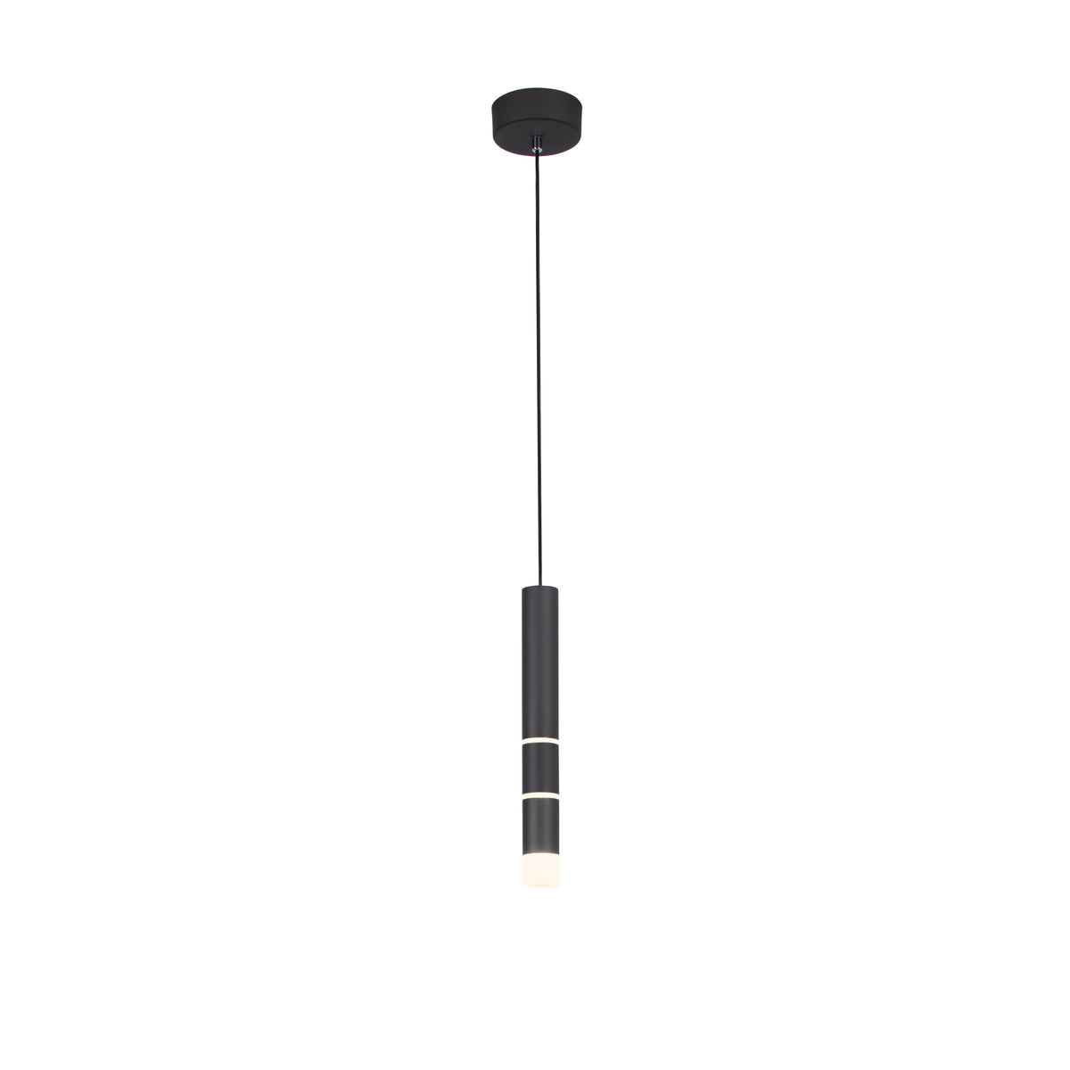 Suspension noire cylindrique suspendue par un câble, vue de face sur fond blanc.