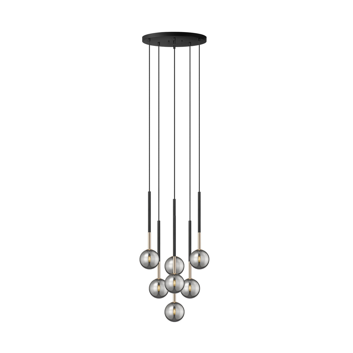 Suspension sept globes en verre fumé, vue de face sur fond blanc