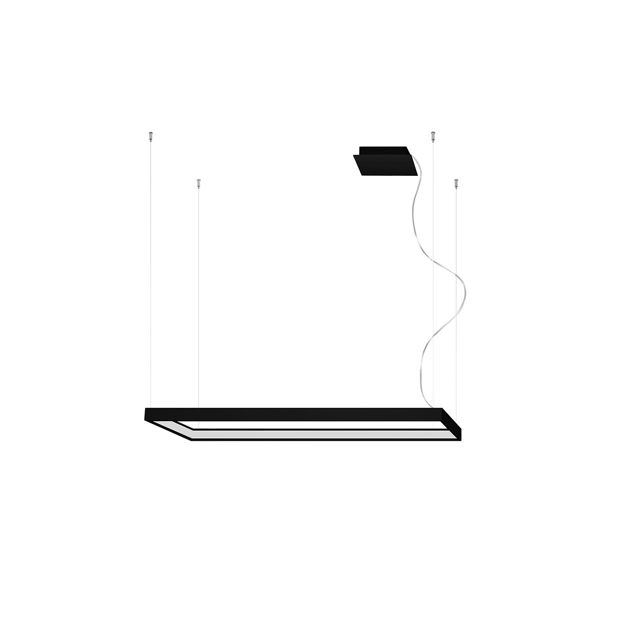Vue de profil du lustre rectangulaire noir suspendu sur fond blanc