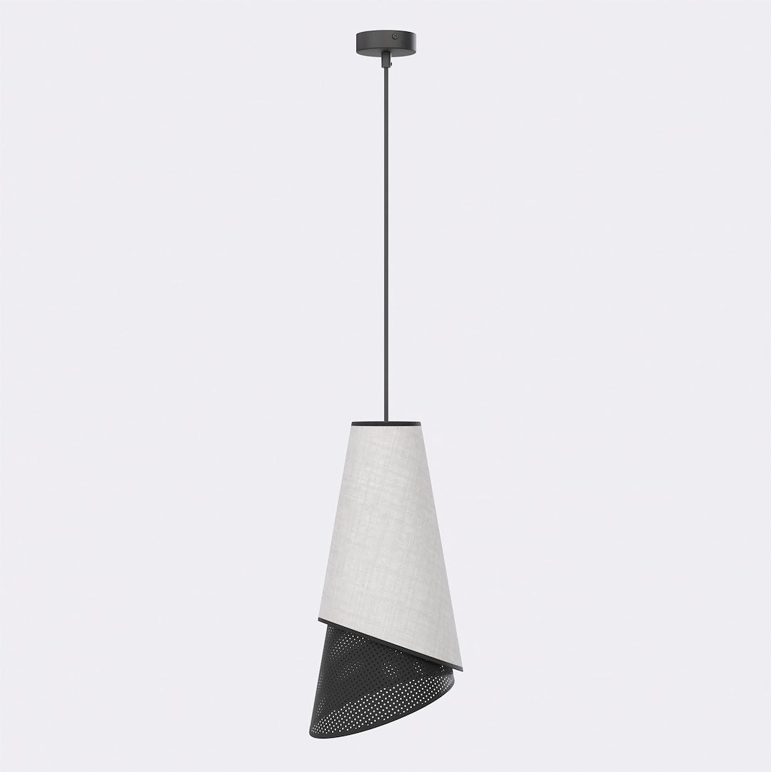 Suspension noire sur fond blanc, abat-jour conique tissu gris clair, partie inférieure métal perforé.