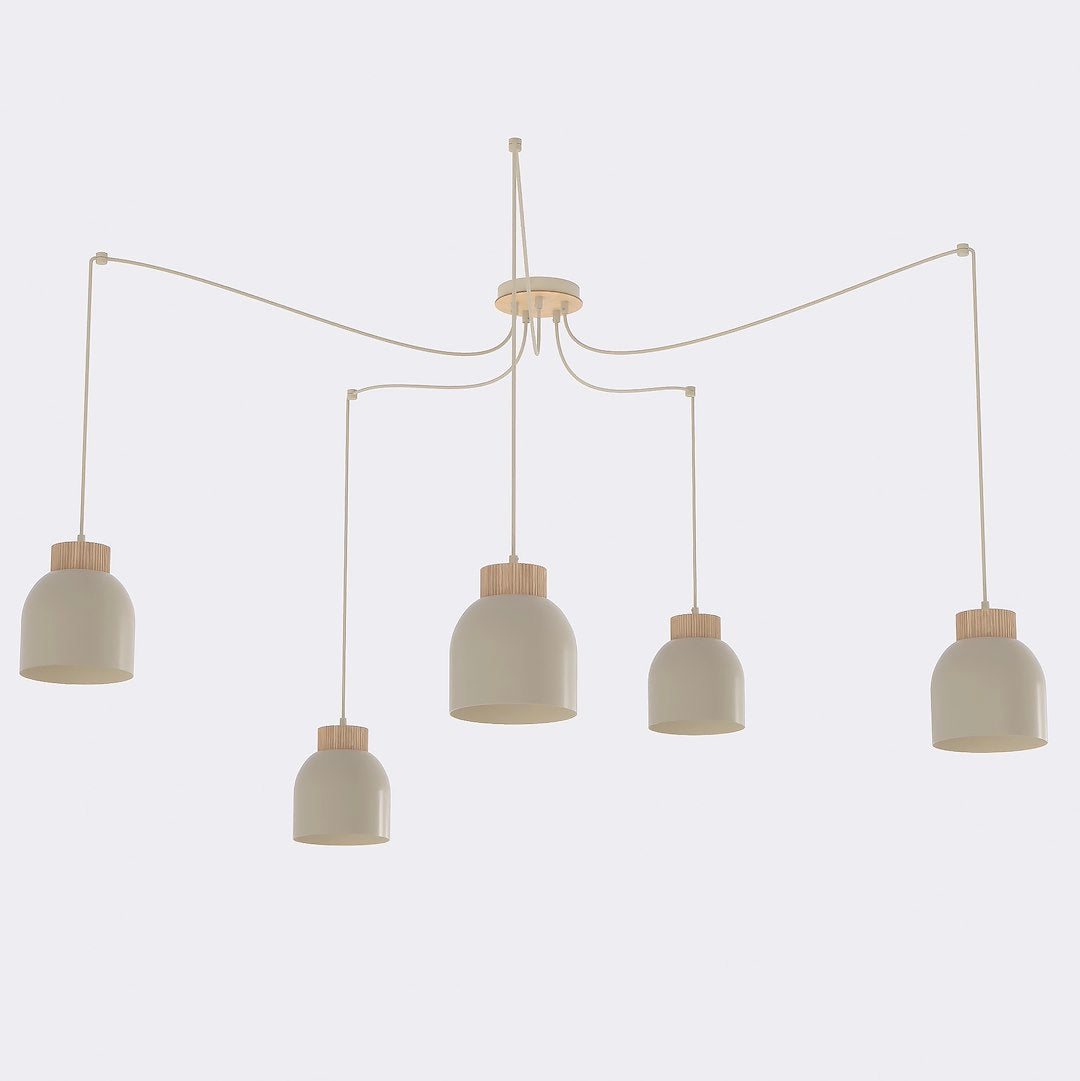 Suspension cinq lumières beige sur fond blanc, vue de face