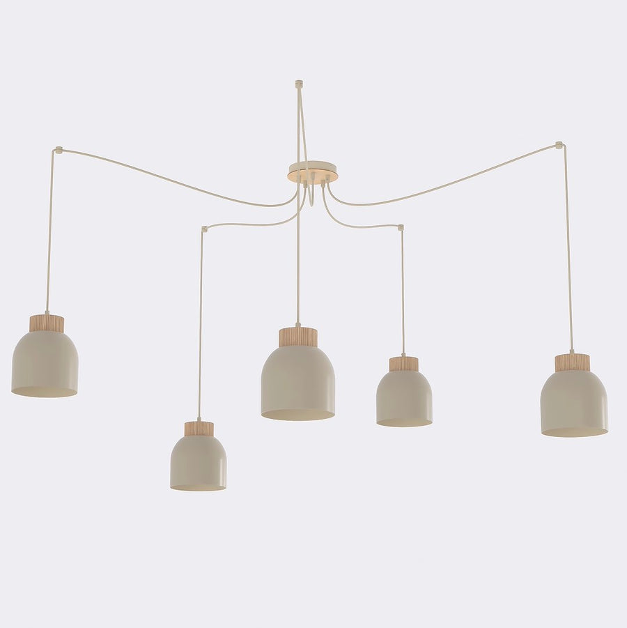 Suspension cinq lumières beige sur fond blanc, vue de face
