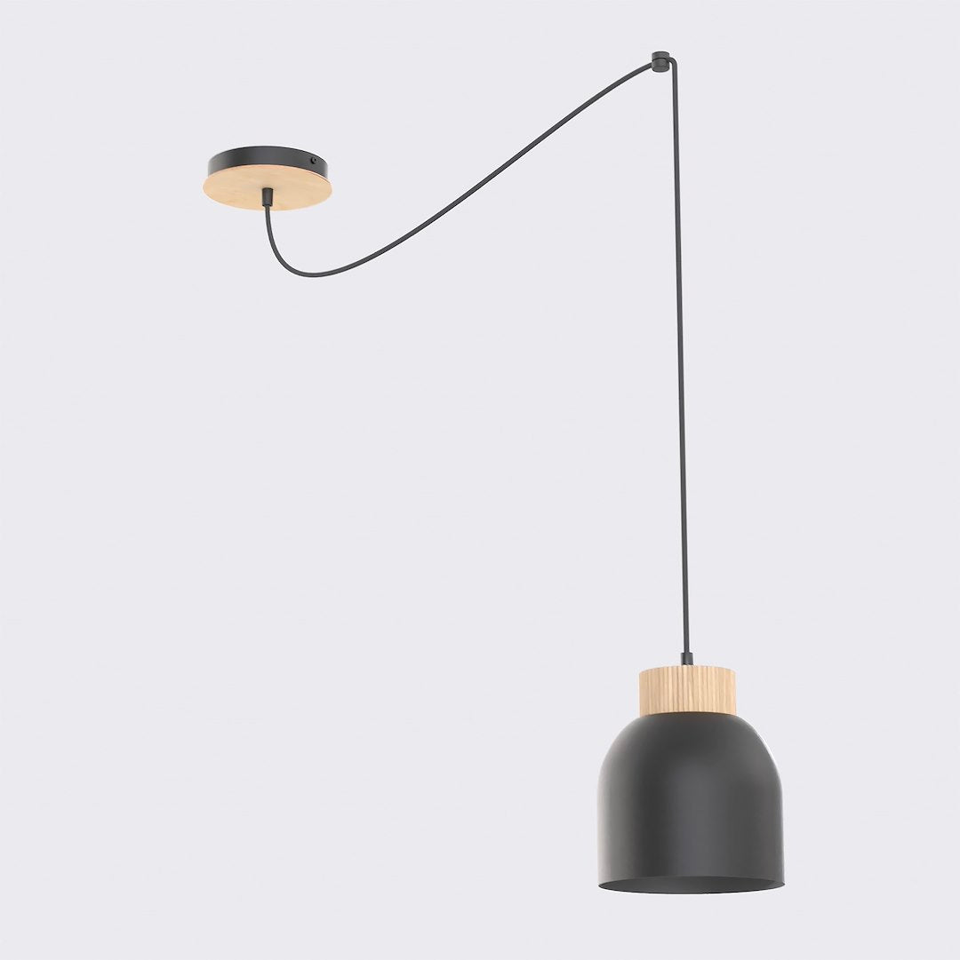 Vue de face du luminaire complet avec rosace, câble noir et abat-jour