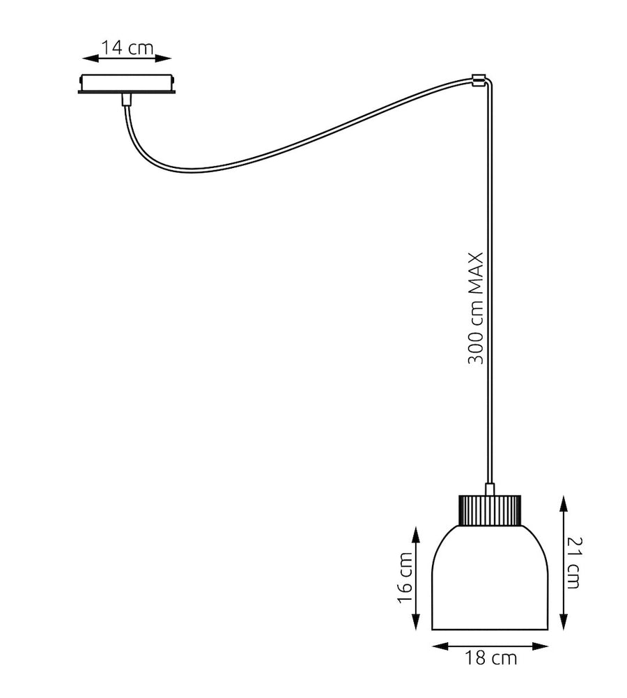 Schéma technique coté : rosace 14 cm, abat-jour 18 cm, hauteur 21 cm, câble 300 cm
