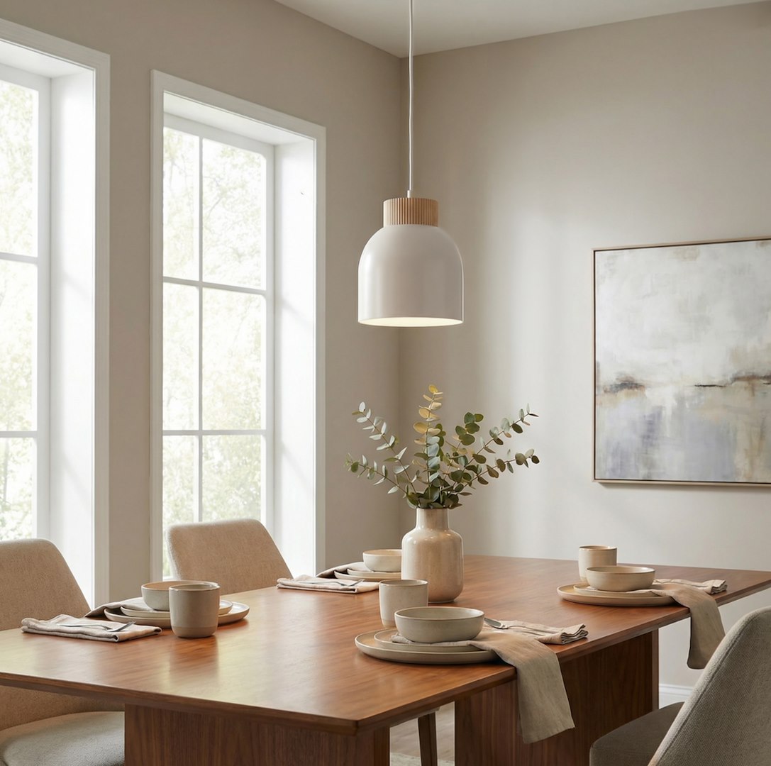 Luminaire suspendu au-dessus d'une table dressée près de fenêtres et d'eucalyptus