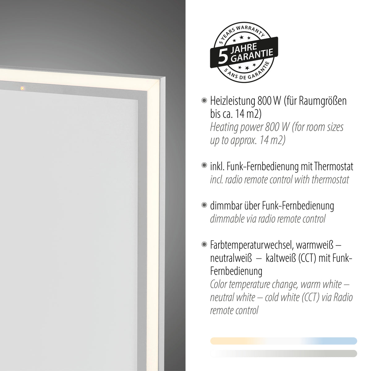 Gros plan du cadre avec pastille cinq ans de garantie et caractéristiques techniques.