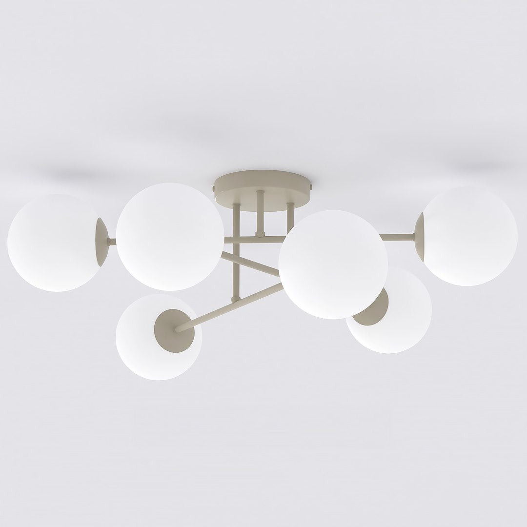 Plafonnier vu de dessous, six globes de verre blanc sur bras beige
