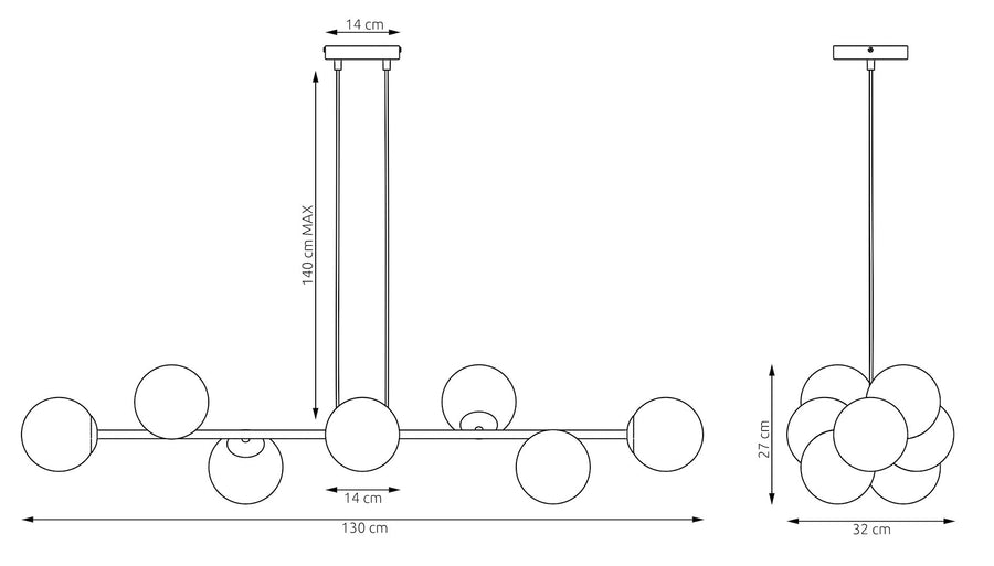 Schéma technique coté du luminaire avec hauteur maximale et dimensions au sol