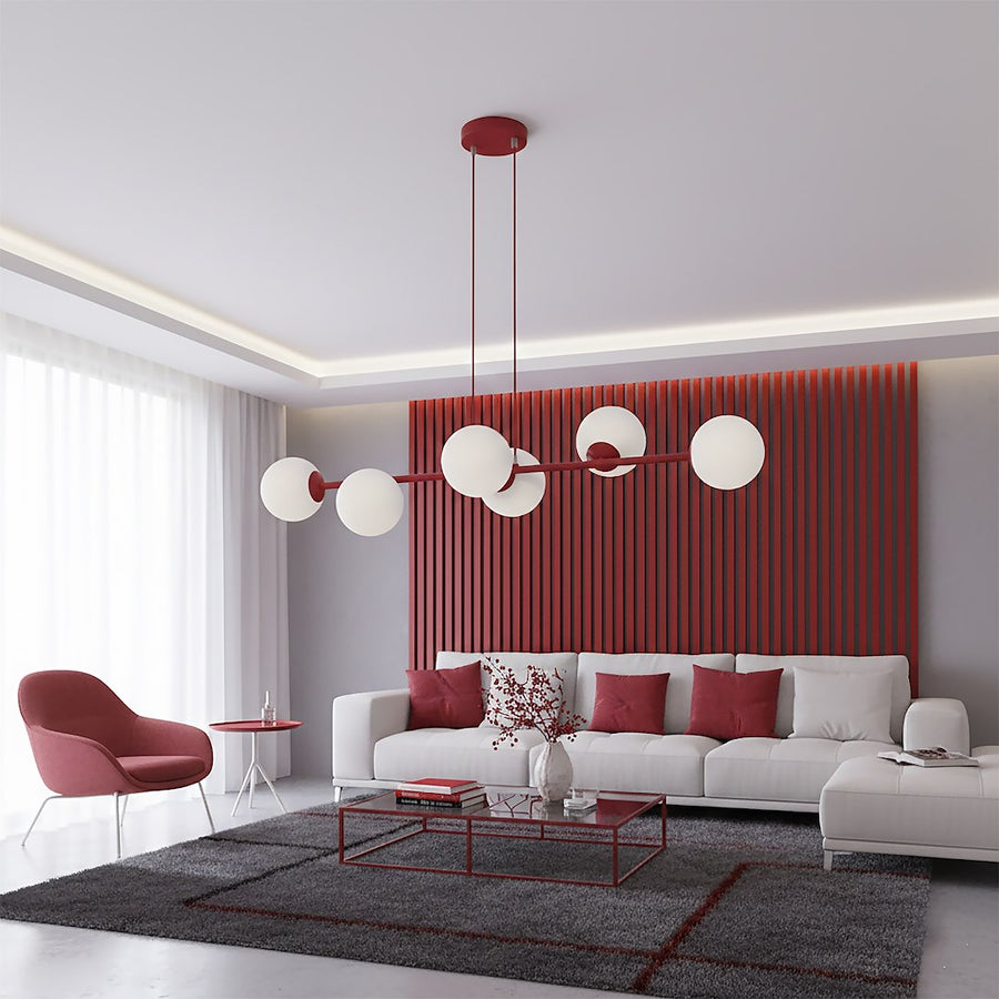 Suspension Magnus 6 lumières bordeaux, verre blanc