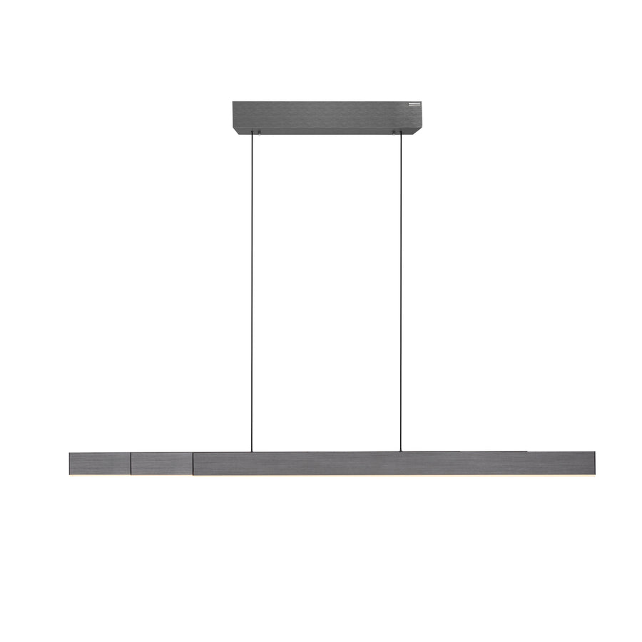 Suspension linéaire grise vue de face sur fond blanc, avec ses câbles et sa barre lumineuse.