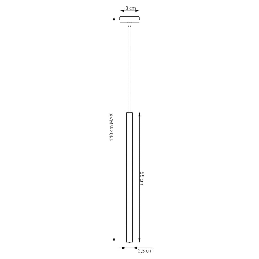 Schéma coté du luminaire, hauteur maximale et dimensions du tube