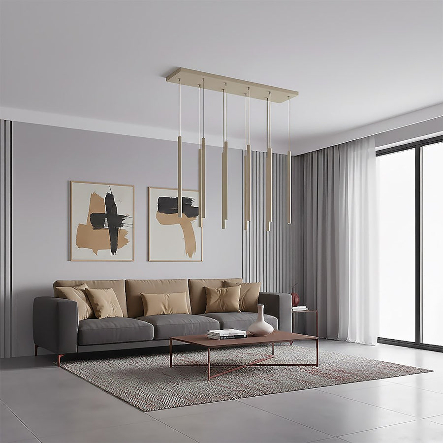 Ambiance séjour contemporain gris, canapé, tableaux et tubes lumineux allumés
